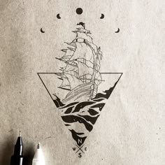 a drawing of a ship sailing in the ocean with moon phases on it's side