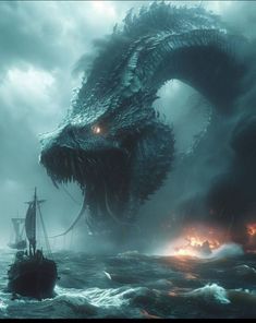 a giant dragon attacking a boat in the ocean