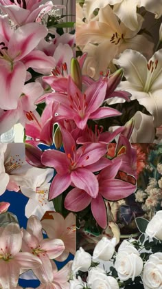 four different pictures of flowers in vases with white and pink flowers on the bottom