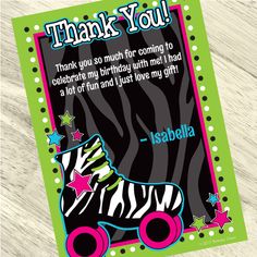 a thank card for someone who is rollerblading with her zebra printables