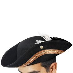 Ahoy, their mateys! If you want to make a statement at your next party or event, look no further than our black pirate hat. This colonial-style hat is the perfect accessory for anyone looking to channel their inner pirate. Whether you are dressing up for Halloween, a cosplay convention, or just for fun, this hat will turn heads and make you stand out from the crowd. The pirate hat adult classic design and durable construction make it a must-have for any pirate enthusiast. The tricorn hat adult c Pirate Costume Accessories For Halloween, Pirate Style Halloween Costume Accessories, Adjustable Brimmed Pirate Hat, Pirate Hat With Curved Brim For Costume, Adjustable Wide Brim Pirate Hat, Pirate-style Brimmed Costume Hat, Adjustable Black Pirate Hat, Black Adjustable Pirate Hat, Pirate-style Brimmed Hat For Costume Party