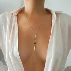 "**ZOOM for better detail *Water safe Dainty, delicate, and perfect for everyday wear. Wear it with crop tops, basic tees, dresses, bikinis, and so much more! Features: - 14k Gold filled chain and clasp - 14k Gold filled coins - 14k Solid Gold Oval Spinel MEASUREMENTS: -Top \"necklace\" measures 20 inches. - Chain line down the middle measures 3 inches -Bottom \"belly\" half measures 35.5 with a 2 inch extender **If you need custom measurements other than the ones listed above, I will be happy t Gold Body Chain, Chain Bra, Gold Bodies, Real Gold Jewelry, Body Figure, Belly Chain, Pedicures, Body Chain Jewelry, Body Jewellery