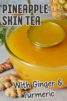 A bowl of pineapple skin tea with a ladle Pineapple Skin Tea, Turmeric Ginger Honey, Pineapple Skin, Mat Inspiration, Cold Drinks Recipes, Water For Health, Ginger Honey, Skin Tea, Energy Shots