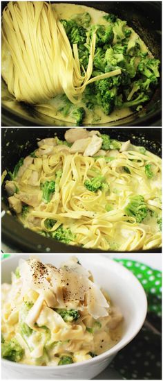 broccoli and noodles are being cooked in a skillet, then topped with parmesan cheese