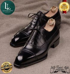 Men Black Leather Oxford Dress Shoes Handmade Black Leather Formal Shoes Black Cap Toe Semi-formal Loafers, Black Closed Toe Lace-up Shoes For Semi-formal Occasions, Black Wingtip Monk Strap Shoes With Rubber Sole, Black Monk Strap Shoes With Wingtip And Rubber Sole, Black Leather Loafers With Brogue Detailing, Black Wingtip Lace-up Shoes For Formal Occasions, Black Wingtip Dress Shoes With Rubber Sole, Black Leather Oxfords With Pointed Toe, Black Lace-up Business Shoes With Closed Toe