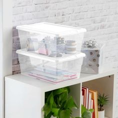 two plastic storage containers sitting on top of a white shelf next to a potted plant