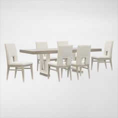 a dining table and six chairs with white upholstered backrests in front of a plain white background