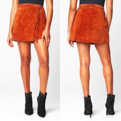 Brand New With Tags Blank Nyc Luxuriously Chic Genuine Leather Suede Wrap Mini Skirt In A Versatile Style That Goes With Everything,Wear It With Knee Or Ankle Boots Or Even Sneakers Size 26 (Fits Size 4\Small) Color Hot Toffee (Pumpkin Orange\Tan) 100% Genuine Leather Suede Wrap Mini Skirt Leather Tie Belt Belt Loops & Snap Closure Lining: 97% Polyester, 3% Spandex Dry Clean By Leather Specialist Trendy Short Fall Skirt, Fall Short Skirt With Belt Loops, Chic Short Mini Skirt For Fall, Fitted Brown Skort For Fall, Chic Skirt-style Shorts For Fall, Chic Brown Skort For Fall, Brown Skort For Workwear In Fall, Brown Mini Skirt For Fall, Fitted Brown Shorts For Fall