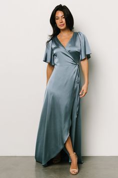 Vara Satin Maxi Wrap Dress | Dusty Blue - Baltic Born Dusty Blue Dress, Dusty Blue Color, Wedding Cocktail Party, Satin Wrap Dress, Blue Silk Dress, Baltic Born, Guest Attire, Wedding Attire Guest, Wedding Cocktail