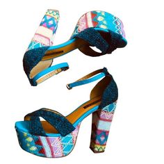 Nib Shoe Republic La Dorian Blue Multicolor Vegan Platform Sandals-Size 7 Gorgeous, Colorful & Unique Open Toe Sandal With Wide Ankle Straps & Chunky Block Heel. Heel Is Approximately 5” & Platform Is 2”. From A Smoke And Pet Free Home. Ships Within One Business Day. Blue High Heel Synthetic Sandals, Blue High Heel Sandals With Heel Strap, Blue Platform Sandals With Closed Toe, Blue Platform Sandals With Open Heel, Blue Sandals With Wrapped Block Heel, Blue Closed Toe Platform Sandals, Blue High Heel Platform Sandals, Blue Platform Sandals For Vacation, Blue Closed Toe Sandals With Heel Strap