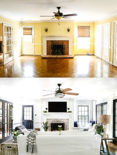 before and after pictures of a living room with white couches, yellow walls, and wood floors