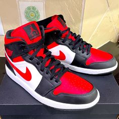 Size: 10.5 Men’s / 12 Women’s. Purchased From Kith For $130 And Never Worn By My Husband Who Let It Go Past The Return Date To Send Back! He Says They Run Slightly Small. They Come In The Original Undamaged Box. Brand New Unworn Nike Air Jordan 1 Mid Height Sneakers - Original And Rare Color Way Of Black & Fire Red. Red Fade-resistant Custom Sneakers For Streetwear, Casual Red Fade-resistant Basketball Shoes, Red Mid-top Fade-resistant Sneakers, Leather Training Sneakers With Red Sole, Red Mid-top Sneakers, Red Fade-resistant Sneakers For Streetwear, Red High-top Fade-resistant Basketball Shoes, Red Leather Fade-resistant Sneakers, Nike Red Training Sneakers