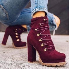 Shoes For College, College Shoes, Kasut Wanita, Hak Tinggi, Heel Sneakers, Short Suede Boots, Lace Up Block Heel, Chunky Heel Ankle Boots, Lace Up High Heels