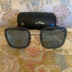 Authentic Chanel Sunglasses, Metal Frame, Blue Lenses, New With Tags, Chanel 4244, C. 124/80, Size 57/18, 140 2 N, Chain Is Not Included, Comes With Sunglass Case, Elegant Party Sunglasses With Metal Frame, Silver Tinted Sunglasses For Formal Occasions, Silver Tinted Sunglasses For Formal Events, Luxury Evening Sunglasses With Mirrored Lenses, Elegant Blue Sunglasses For Evening, Designer Sunglasses With Mirrored Lenses For Parties, Designer Sunglasses For Summer Evenings, Luxury Mirrored Sunglasses For Evening, Silver Sunglasses With Gradient Lenses For Formal Events