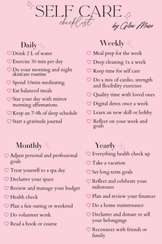 Ready to transform your life with consistent self-care routines? This Ultimate Self-Care Checklist is your go-to guide for daily, weekly, monthly, and yearly self-care activities. Prioritize your well-being and embrace a balanced, fulfilling lifestyle. Save this pin now to start your journey towards a healthier, happier you today! #selfcare #wellness #dailyhabits #healthylifestyle #mindfulness #selfimprovement #wellbeing #selfcareroutine #selflove #selfgrowth #healthyliving #dailyroutine #selfcarechecklist #personaldevelopment #mentalhealth Sunday Self Care Checklist, Selfcare Weekly Routine, Beginner Self Care Routine, Self Care Checklist Daily Weekly Monthly, Self Care Maintenance Schedule, Weekly Self Care Checklist Ideas, Daily Weekly Monthly Routine, Women Self Care Routine