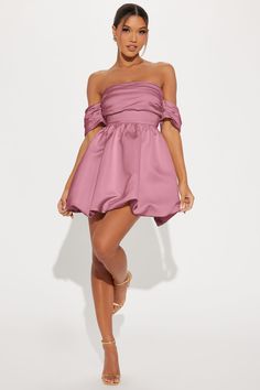 Available In Mauve. Satin Mini Dress Off shoulder Short puff sleeves Pleated bodice Bubble hem Hidden back zipper Lined non stretch Length = 33" Shell/Lining: 100% Polyester Imported | Valeria Satin Bubble Mini Dress in Mauve size Small by Fashion Nova Mauve Pink Dress, Mini Dress Off Shoulder, Dress Off Shoulder, Bubble Hem, Mauve Dress, Pleated Bodice, Mauve Pink, Satin Mini Dress, Puff Sleeves