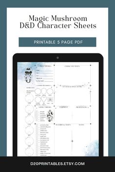 the magic mushroom character sheet is shown on an ipad with text that reads, printable 5