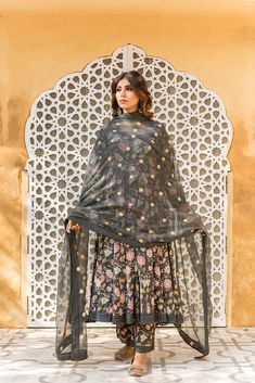 Cotton Grey Floral Print Anarkali Suit Set with Embroidered Dupatta Grey Anarkali, Floral Print Anarkali, Printed Anarkali Suits, Grey Kurta, Red Anarkali, Printed Anarkali, Cotton Anarkali, Anarkali Kurti, Embroidery Detailing