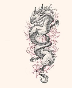 Dragon Tattoo With Flowers, Dragons Tattoos, Dragon Tattoo Outline, Dragon Tattoo Drawing, Dragon Tattoo Ideas, Dragon Tattoo Art, Chinese Dragon Tattoos, Japanese Dragon Tattoo, Dragon Sleeve Tattoos