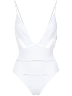 White deep V-neck swimsuit from Amir Slama featuring spaghetti straps, horizontal panels and a lining. This item is true to fit. Please note this item has a brazilian cut. Modern Swimwear With Built-in Bra For Summer, Fitted V-neck Swimwear With Cutout, Fitted V-neck Cutout Swimwear, Elegant White V-neck Swimwear, Elegant Backless Cutout Swimwear, Elegant Cutout Backless Swimwear, Elegant Triangle Top Bodysuit For Pool, Modern White Swimwear For Summer, White V-neck Party Swimwear