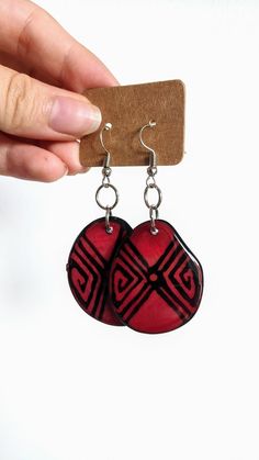 Artistic earrings. Hand painted boho style pattern earrings. | Etsy Fair Trade Adjustable Earrings, Red Fair Trade Jewelry As A Gift, Hand Painted Dangle Jewelry, Handmade Artisan Teardrop Earrings, Fair Trade Artisan Earrings, Artisan Teardrop Earrings As Gift, Artisan Teardrop Earrings For Pierced Ears As Gift, Artisan Hypoallergenic Jewelry, Traditional Hand Painted Earrings