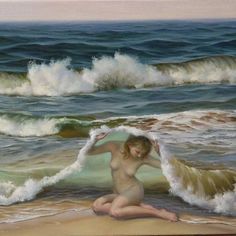 a painting of a woman sitting on the beach with waves crashing in front of her