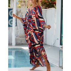 Black Red Print Long Kinimo Beachwear Multicolor Casual Beach Season Cover-up, Casual Multicolor Beach Season Cover-up, Red Casual Cover-up For Vacation, Casual Red Cover-up For Vacation, Red V-neck Cover-up For Vacation, Red V-neck Beach Season Cover-up, Red Bohemian Spring Cover-up, Red Printed Cover-up For Summer, Casual Red Beach Cover-up