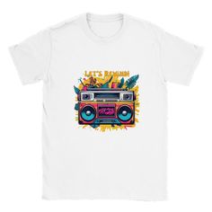 A classic unisex t-shirt that works well with any outfit. Complete with colourful graphic of a ghetto blaster - ideal for fun loving retro types! Made of a heavier cotton with a double-stitched neckline and sleeves.- Rolled-forward shoulders for a better fit- Stylish fitted sleeve- Seamless double-needle collar- Taped neck and shoulders for durability- Tubular fit for minimal torque. This product is made on demand. No minimums. Fun 80's Retro gift for him | Fun 80's Retro gift for her | Ghetto Blaster | Boombox | Vintage Audio | Retro Music 80s Nostalgia | Hip Hop Style | Urban Fashion | Old-School Technology | Cassette Player | Portable Stereo | Urban Streetwear | Audio Cassette | Music Mixtape | Hip Hop Beats | Breakdancing Culture | Radio Cassette Player | Graphic Boombox Design | Beat Hip Hop T-shirt For Summer Music Festival, Hip Hop T-shirt For Music Festival In Summer, Summer Music Festival Hip Hop T-shirt, Retro Short Sleeve Festival T-shirt, White Retro Print T-shirt For Streetwear, Retro Print Short Sleeve T-shirt For Streetwear, Retro T-shirt For Music Festivals And Streetwear, 90s Graphic Print T-shirt For Music Festival, Retro Crew Neck T-shirt For Festivals