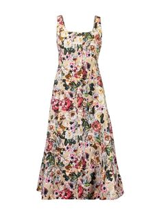 multicolour stretch-cotton all-over floral print fabric-covered buttons scoop neck front button fastening sleeveless A-line skirt straight hem mid-length Summer Maxi Dress With Floral Print And Straight Neckline, Floral Print A-line Sleeveless Sundress, Spring Maxi Dress With Straight Neckline And Floral Print, Spring Floral Print A-line Sleeveless Dress, Printed Midi Dress With Square Neck For Garden Party, Square Neck Printed Midi Dress For Garden Party, Multicolor A-line Sleeveless Dress With Floral Print, Floral Print A-line Midi Dress For Garden Party, Printed A-line Midi Dress For Garden Party