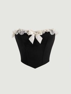 Contrast Lace Bow Front Bandana Hem Corset Structure Tube Top Black Casual  Sleeveless Knitted Fabric Colorblock  Slight Stretch  Women Clothing, size features are:Bust: ,Length: ,Sleeve Length: Dinner Outfits, Mode Inspo, Inspired Outfits, Dream Clothes, Cute Tops, Tube Top, Pretty Dresses, Aesthetic Clothes