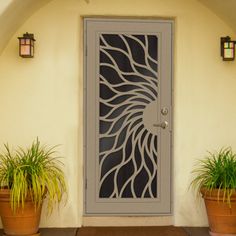 two potted plants sit in front of a door with an intricate design on it