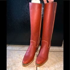 Brand New Vintage Women Zodiac Red Or Rust Color Riding Boots Size 6.5 Will Fit 6- 6.5 Marks And Flaws On Boots From Shifting In Box During Storage And Shelf Wear Red Leather Wide Calf Boots, Red Wide Calf Leather Boots, Red Snip Toe Boots With Reinforced Heel, Red Leather Boots Medium Width, Red Leather Boots Standard Fit, Red Boots With Reinforced Heel And Almond Toe, Almond Toe Boots With Red Sole And Medium Width, Medium Width Closed Toe Red Boots, Red Medium Width Closed Toe Boots