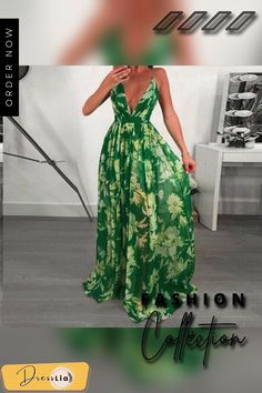 Women Dresses Summer Sexy Maxi Boho Style Print Party Dress Deep V Neck Backless Long Dress Vestidos V-neck Backless Dress For Beach Party, Green Backless Dress For Date Night, Party Sundress Backless Style, Backless Chiffon Maxi Dress For Date Night, V-neck Backless Sundress For Party, Green Maxi Length Backless Dress For The Beach, Backless Green Maxi Dress For Date Night, Green Maxi Backless Dress For Beach, Green Backless Maxi Dress For Date Night