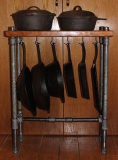 pots and pans are hanging on the rack