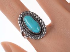 c1940's Native American sterling/turquoise ring 7.1 grams, unmarked with no
issues.

All precious metals are tested and guaranteed, any Native American jewelry
referred to as Silver or Sterling is guaranteed to be a minimum of 90% (coin)
silver and possibly higher content. Anything marked is guaranteed to be what
it's marked, most bracelets are photographed on a 6" wrist (non hairy), rings
photographed on the appropriate sized finger when possible. With bracelets if
the measurement is not given Vintage Hallmarked Turquoise Ring, Vintage Oval Turquoise Ring Hallmarked, Antique Turquoise Sterling Silver Ring, Vintage Hallmarked Turquoise Ring For Collectors, Vintage Sterling Silver Hallmarked Turquoise Ring, Vintage Sterling Silver Turquoise Ring Stamped 925, Vintage Stamped 925 Blue Turquoise Ring, Vintage Blue Turquoise Ring Stamped 925, Antique Sterling Silver Turquoise Ring