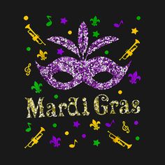 mardi gras mask surrounded by musical notes and fleur de l'oeuvres