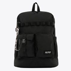 a black backpack with two zippers on the front