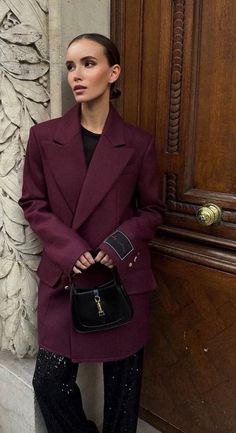 Burgundy Blazer Outfit Woman, Burgundy Blazer Outfit, Winter Coat Outfits, Burgundy Blazer, Famous Outfits, Sequin Pants, Fall 24