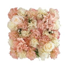 a bunch of pink and white flowers on a white background