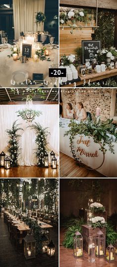 wedding decorations, candles and flowers are featured in this collage