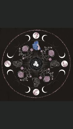 the moon and stars are arranged in a circular pattern on a black background with pink flowers