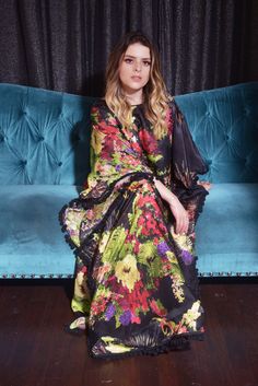 black Floral kaftan abaya Silk Floral Print Party Kaftan, Spring Party Kaftan With Floral Print, Black Silk Maxi Dress For Vacation, Spring Party Floral Print Kaftan, Black Silk Dress For Vacation, Black Maxi Dress For Spring Loungewear, Spring Black Maxi Dress For Loungewear, Black Silk Dress With Kimono Sleeves, Black Maxi Length Kimono For Spring