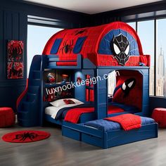 a bedroom with a spiderman themed bunk bed