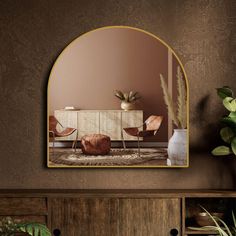 an oval mirror on the wall above a dresser with chairs and plants in vases