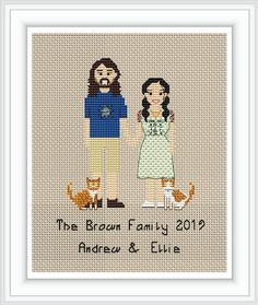 a cross stitch picture with a man and woman holding hands, the cat is next to him