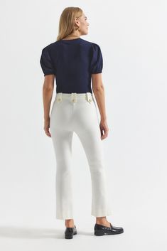 Our iconic cropped twill trouser with gold sailor button details along the hips. Zip fly with button closure, flat front, tonal buttoned belt loops and stitching. The Robertson is made in our best-selling Crosby Twill stretch cotton. The comfortable 2-way stretch cotton twill is wrinkle resistant and lends itself to good stretch and recovery. Cropped Leg Workwear Bottoms With Buttons, Chic Cropped Leg Pants With Button Closure, Elegant Fitted Bottoms With Gold Buttons, Fitted Cropped Leg Pants With Button Closure, Workwear Cropped Pants With Button Closure, Chic Fitted Pants With Button Cuffs, Workwear Pants With Button Closure And Cropped Leg, Cropped Leg Workwear Pants With Button Closure, Cropped Leg Pants With Button Closure For Work