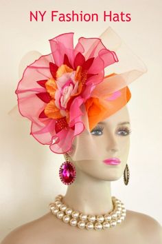 "Women's Straw Braid All Year Fashion Designer Haute Couture Cocktail Pillbox Style Hat Fascinator Headpiece - Wedding Bridal Fashion Hair  Accessory.  This Couture Custom Made Special Occasion Hat Is Embellished With A Large Sheer Cream Horsehair Crinoline Bow Mixed With A Hot Pink And Orange Organza Sheer Large Bow. Placed Inside This Ornate Handmade Bow Is A Handmade Large Silk Flower Containing Vibrant Colors Of Orange, Hot Pink And Soft Pink. A Beautiful Soft Pink Rosette Is Placed In The C Art Hats, Special Occasion Hats, Attic Studio, Custom Made Hats, Bridal Fascinator, Couture Hats, Wedding Church, Tea Party Hats, Wedding Fascinators