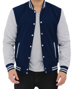 Baseball Style Navy Blue and Grey Letterman Jacket For Men
Give your style a new touch by wearing this navy blue and grey varsity jacket. Its high-quality fleece will keep you comfortable and the snap button closure provide you with a dashing appearance. This navy blue letterman jacket comprises rib-knit cuffs, collar, and hem, and two side deep pockets to complete the casual style. Shop this in-trend & stylish letterman jacket. Varsity Jacket High School, Grey Varsity Jacket, High School Jacket, Black Letterman Jacket, Blue Varsity Jacket, School Jacket, Varsity Letterman Jackets, Varsity Jacket Men, Letterman Jacket