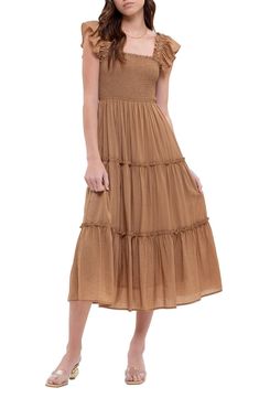 AUGUST SKY Smocked Tiered Midi Dress | Nordstromrack Brown Sundress, Striped Vase, Dresses Classy, Midi Sundress, Daytime Dresses, Tiered Midi Dress, Vintage Style Dresses, Mini Slip Dress, Top Designer Brands