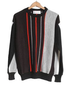 Vintage striped mid jumper. Black, grey and red in colour. Made in the UK from a acrylic fabric. Label reads M. Condition: Small repair on front below the collar. Chest: 38in Length: 25in  Inside sleeve: 21in More vintage clothing on our website www.brickvintage.com Retro Striped Color Block Sweater, Winter Red Tops With Contrast Stripes, Red Tops With Contrast Stripes For Winter, Retro Striped Crew Neck Sweater, Vintage Striped Crew Neck Sweater, Mens Pullover, Pullover Outfit, Acrylic Fabric, Pullover Men